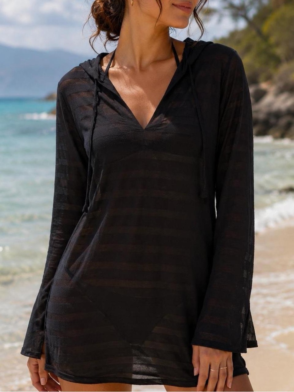 Balance Collection by Marika Black Sheer Stripe Hooded Tunic Top Size Small